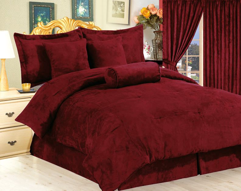 7pc Burgundy Suede Comforter Set Bed in A Bag Cal King