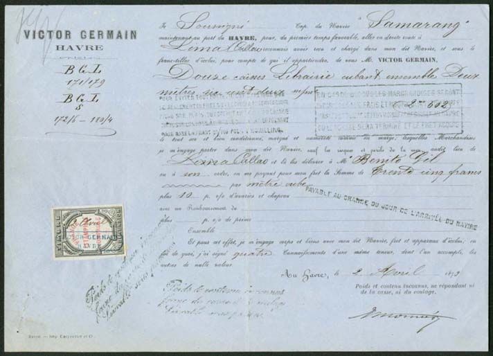   bill of lading for voyage from havre france to callao stamped with