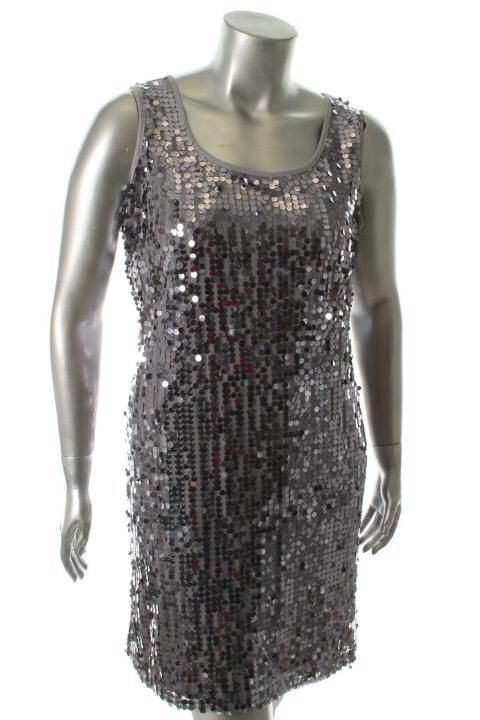 Calvin Klein Gray Sequined Mesh Scoop Neck Sleeveless Cocktail Dress 