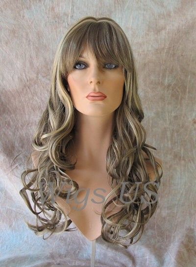 WIGS Dark Ash & Champagne Blonde Mix Soft Curls Center Part Bangs wig