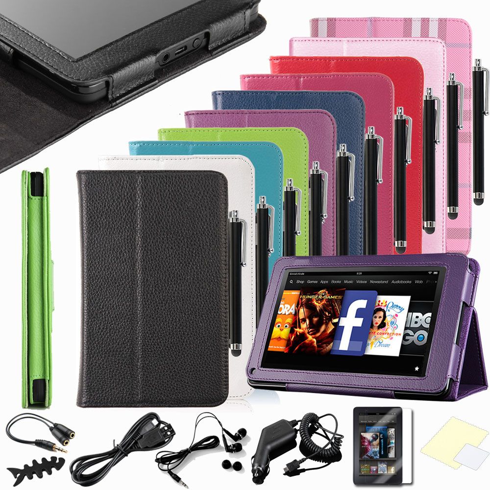 Kindle Fire PU Leather Folio Case Cover Car Charger USB Cable Stylus P 