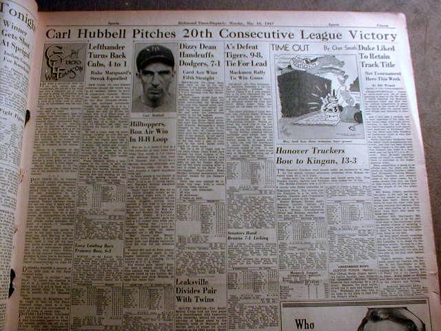 1937 Headline Newspaper Carl Hubbell on Consecutive Game Winning 