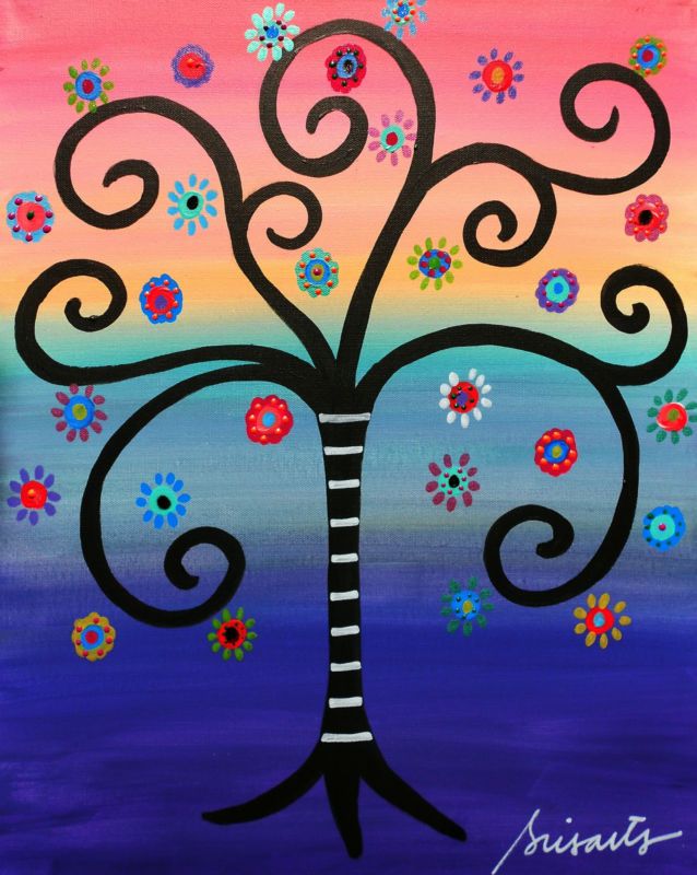 Mexican Folk Art Tree of Life Flowers 20x16 Original Prisarts 