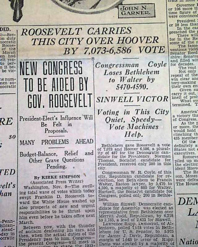 FRANKLIN D. ROOSEVELT 1st of 4 Presidential Election Wins FDR 1932 Old 