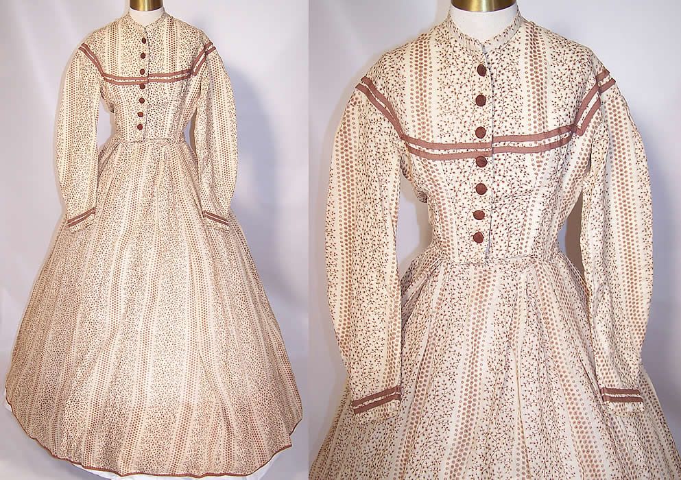   Civil War 1860s Brown & White Wool Challis Print Hoop Skirt Dress Gown