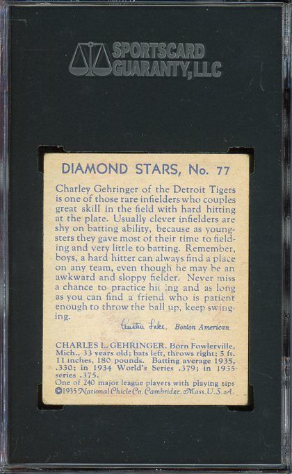 1934 36 Diamond Stars 77 Charlie Gehringer Detroit Tigers HOF SGC 50 