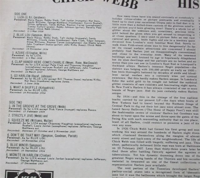 CHICK WEBB MIDNITE IN HARLEM LP DECCA ENGLAND (1962) NM