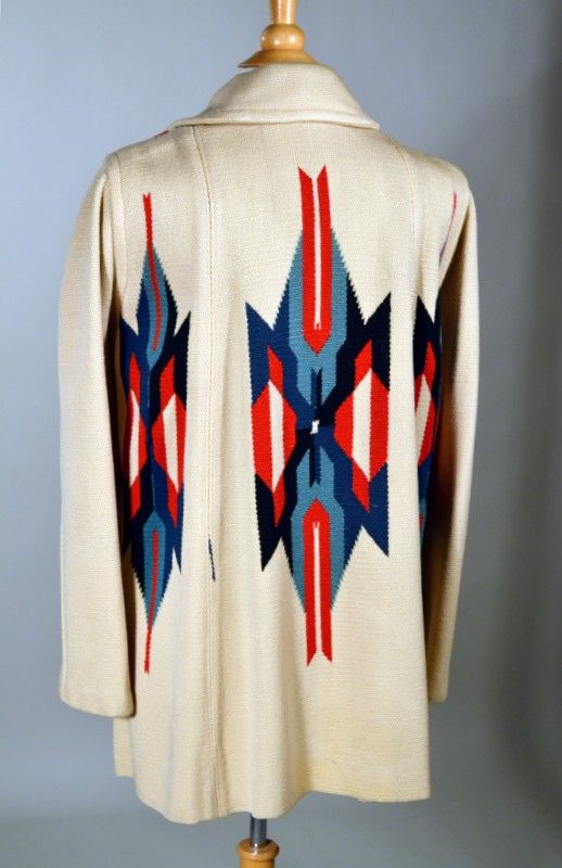 1930s 40s Vintage Wool Chimayo Coat Hand Woven Cream Bold Turquoise 