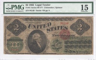 00 Legal Tender 1862 FR41 Chittenden Spinner PMG Choice Fine 15 