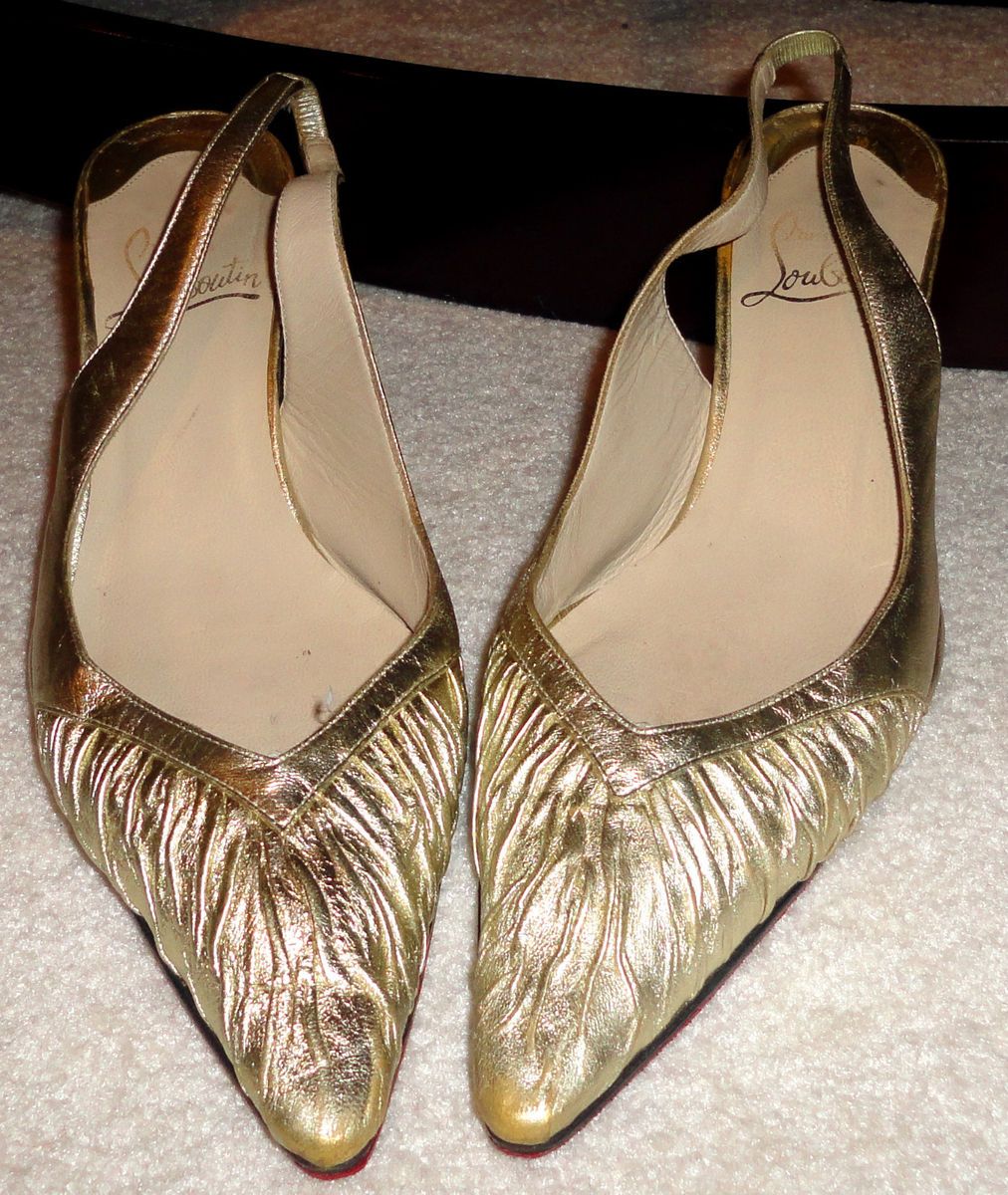 Vintage Christian Louboutin Ruched Gold Lame Kitten Heel Slingback