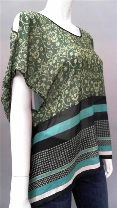 Clover Canyon Misses L Silk Blouse Top Green Pattern Short Sleeve