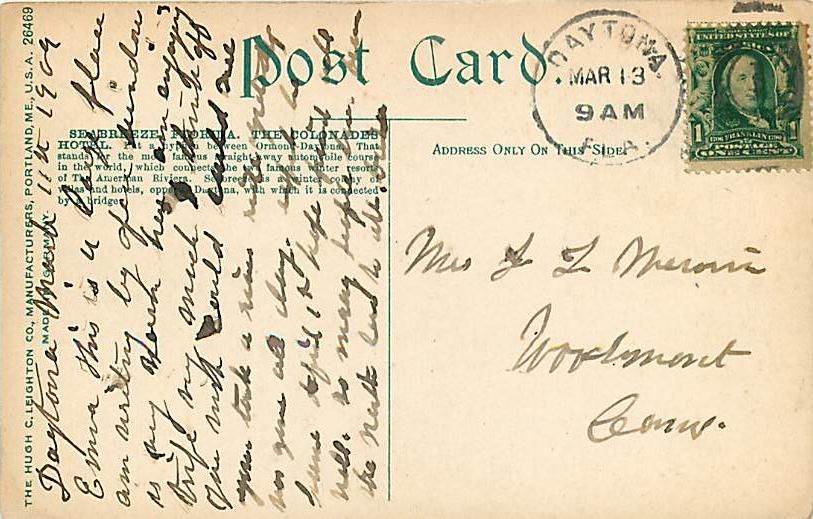 FL Sea Breeze Colonades Hotel mailed 1909 Early T92987