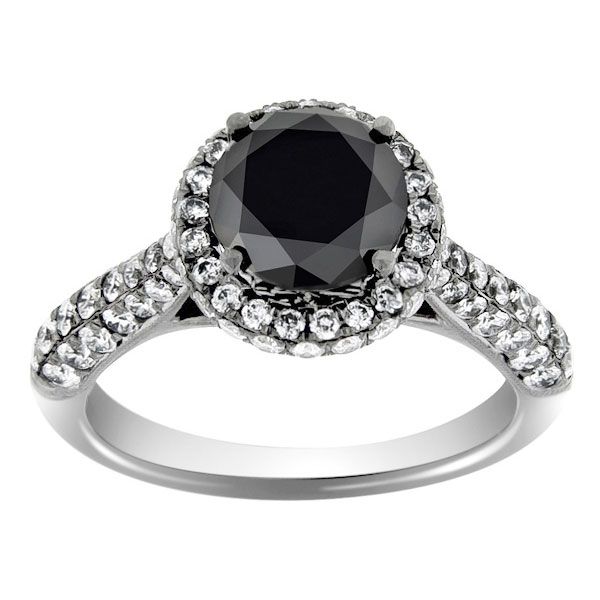  18k White Gold Round Cut AAA Black Diamond MICRO PAVE Engagement Ring