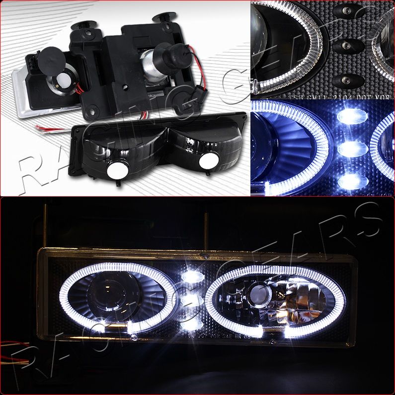 88 93 GMC C K 1500 2500 3500 Black LED Halo Rim Projector Headlight