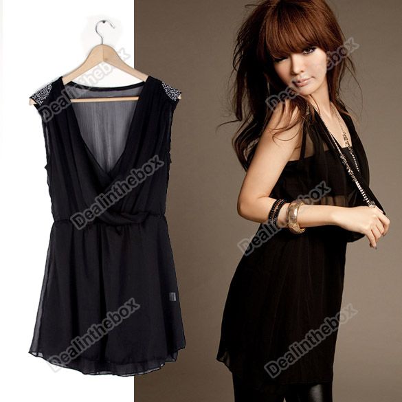 Corea Women Deep V Neck Chiffon Sleeveless Mini Dress