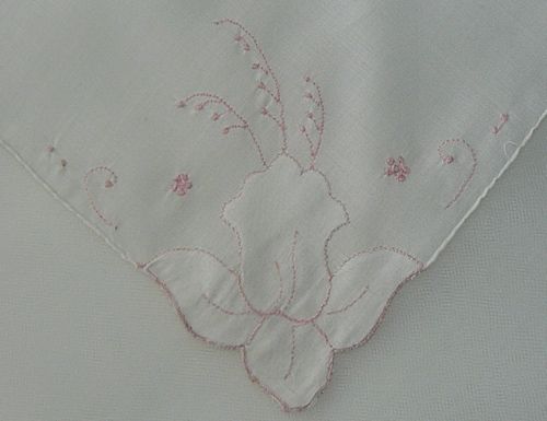 Vintage Unused Madeira Applique Pink Daffodil Ladies Hanky