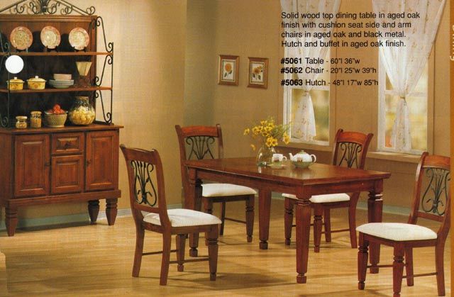 French Country Oak Dining Room Set w Black Iron Chairs