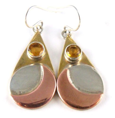 Faceted Citrine Earrings with Copper Silver and Brass