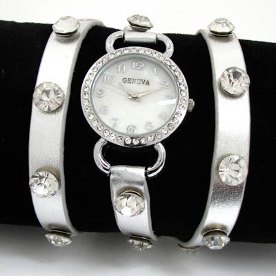  Metallic Shiny Wrap Around Leather Crystal Bezel Womens Watch