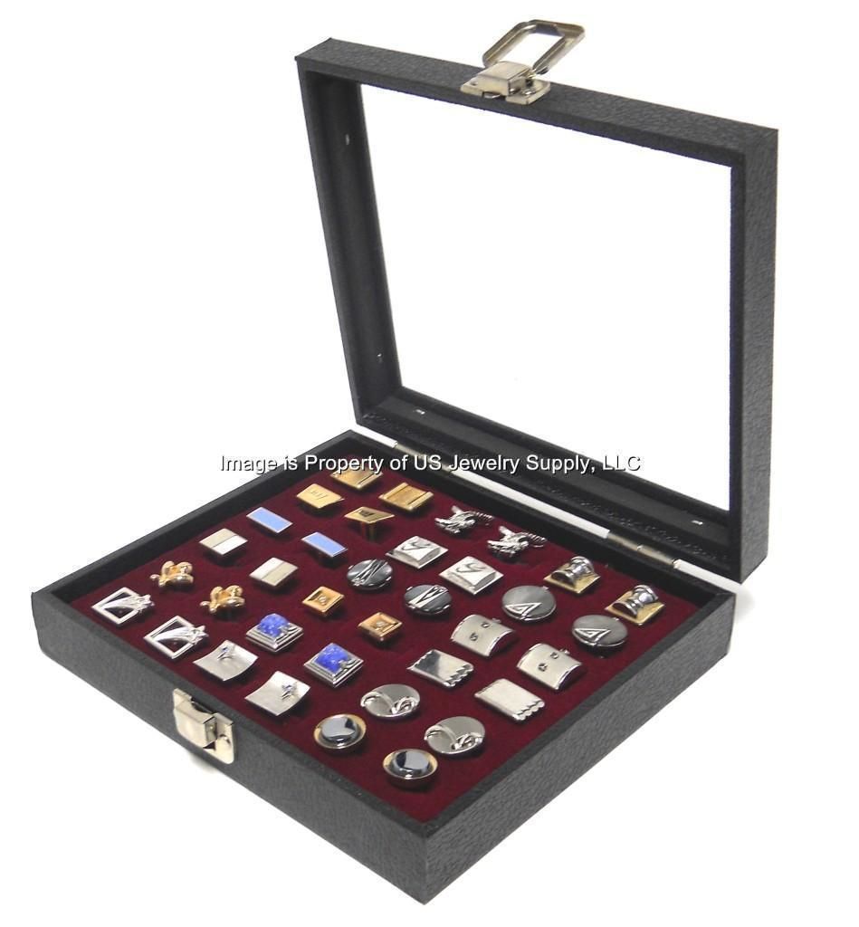 Burgundy 18 Pair Cufflink Cuff Link Display Case Box