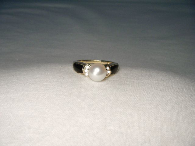  Estate 14k Yellow Gold Cultured Pearl Diamond Onyx Ring