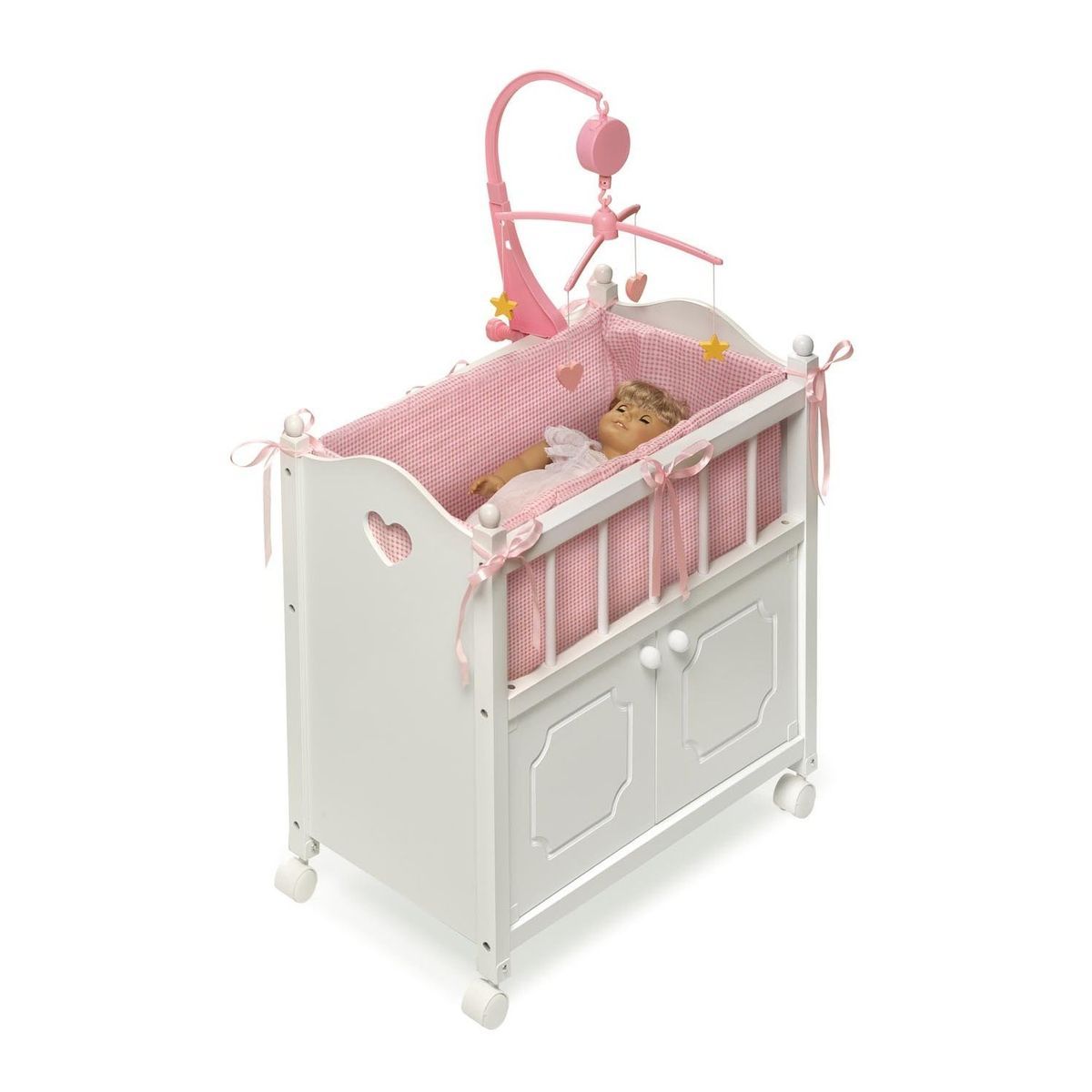 New Doll Crib w Cabinet Bedding Mobile for American Bitty Baby Doll