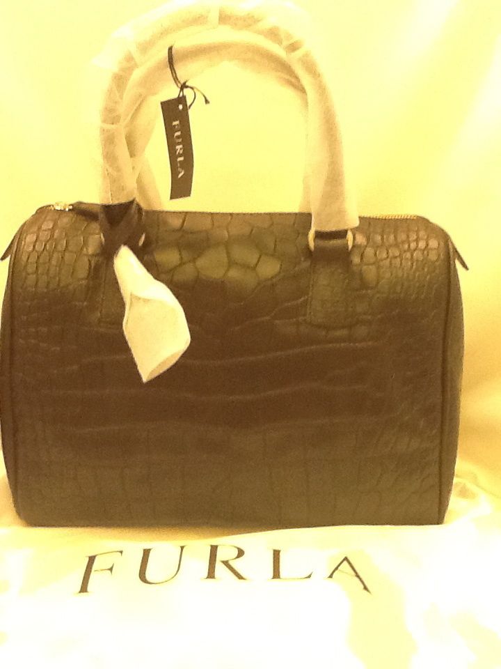 Furla D Light Bauletto Small Satchel Black Croco Leather