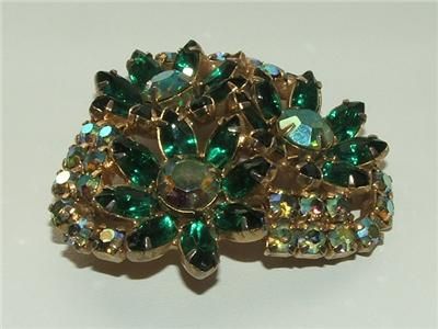 Vintage Juliana green rhinestone and Aurora Borealis flower brooch