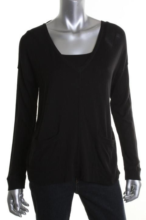 Cupio NEW Black Double V Neck Dolman Long Sleeve Pocket Pullover