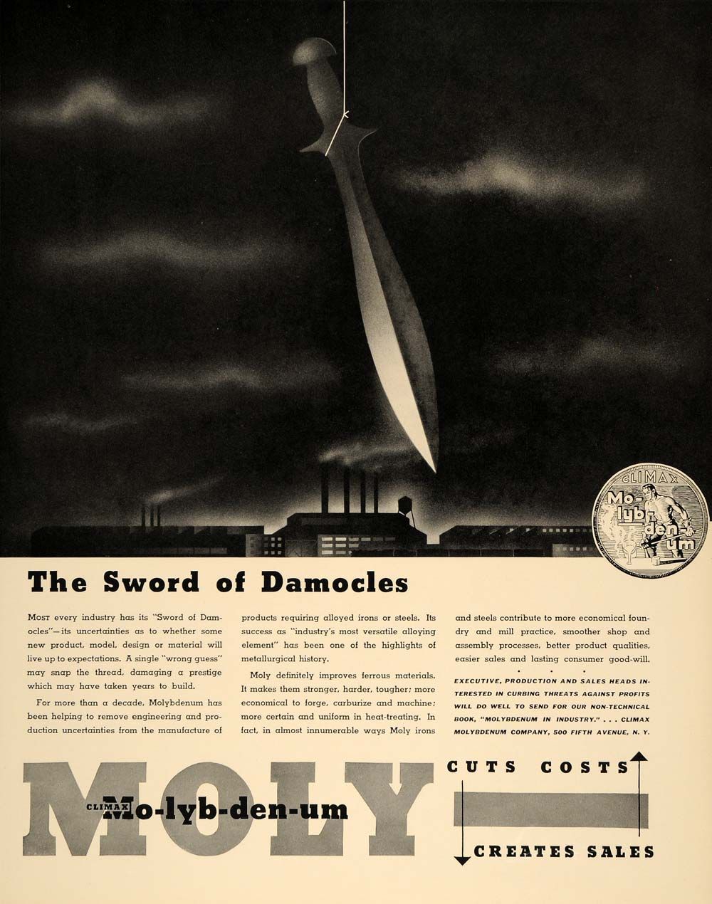  Climax Molybdenum Steel Sword of Damocles Iron   ORIGINAL ADVERTISING