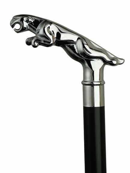 CHROME JAGUAR HANDLE ON BLACK WOOD WOODEN SHAFT WALKING CANE STICK 36