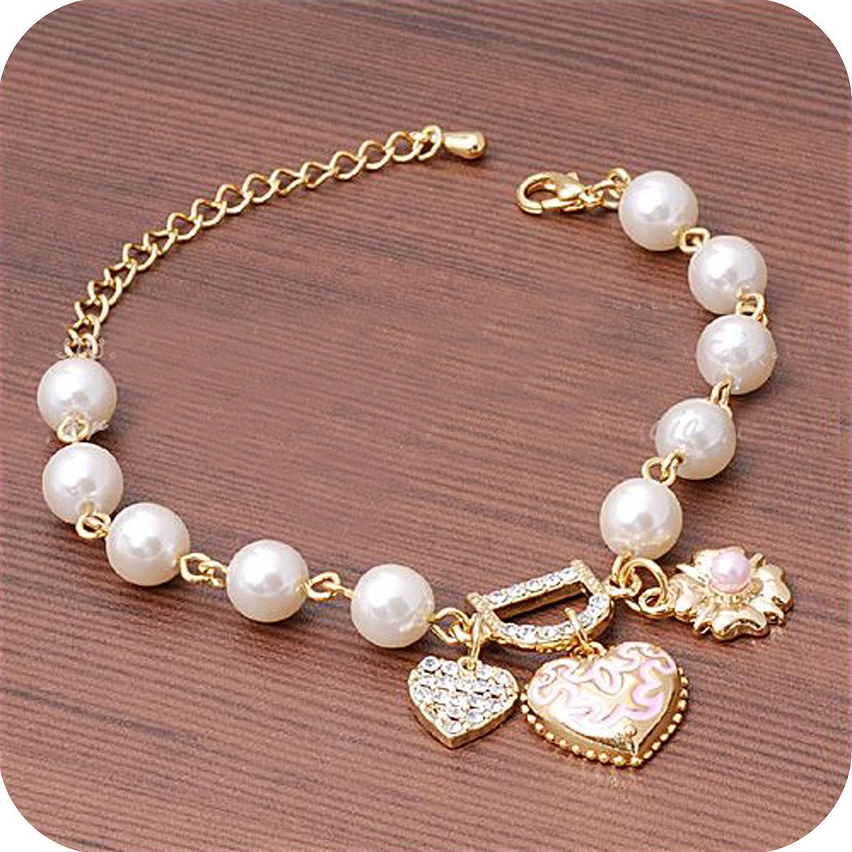 0050B Heart LetterD White Pearl Flower CZs Gold Color Hot Graceful