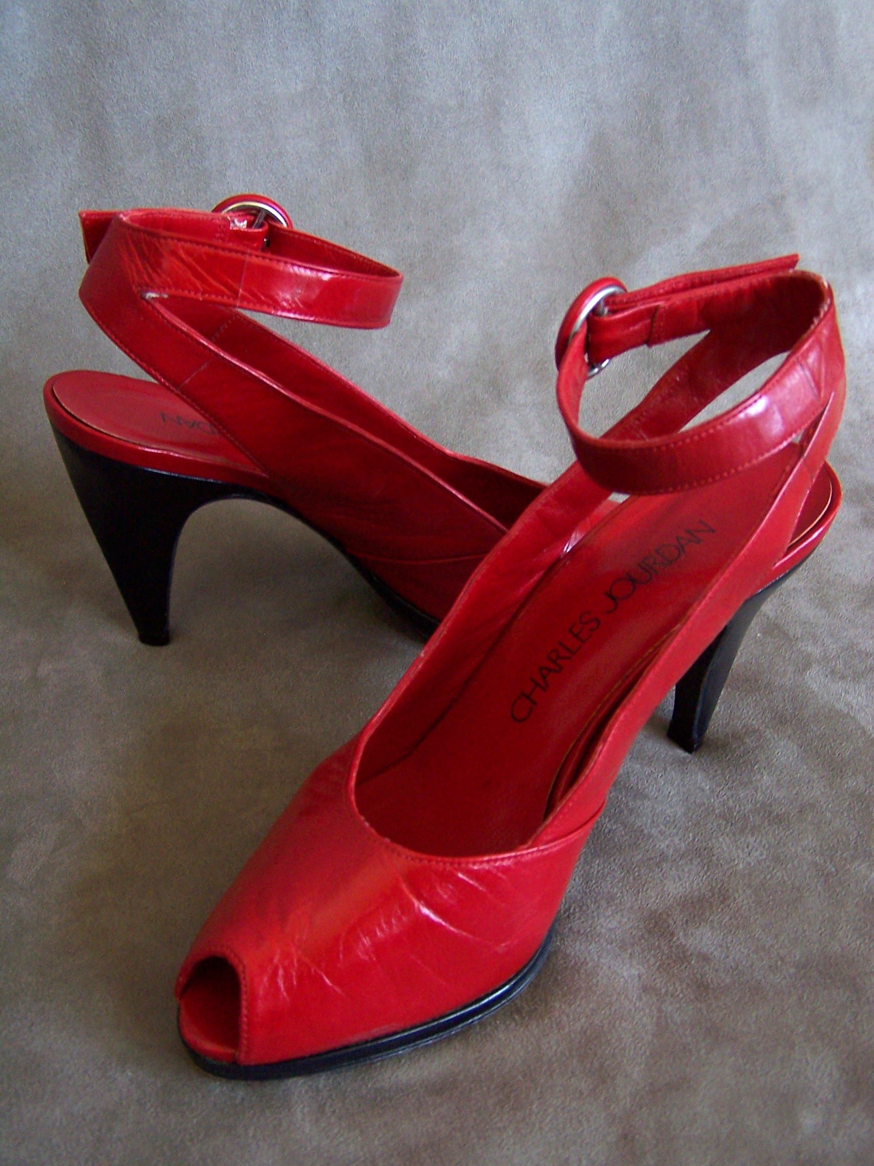 Sz 6 5 M Charles Jourdan Classic Red Black Leather Peeptoe Heels Pumps