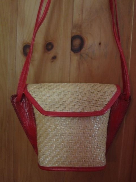 Vintage 1980s David P Bloom Golden Straw with Red Leather Shoulder Bag