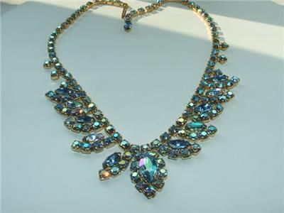 Vintage Juliana style blue Aurora Borealis rhinestone bib necklace