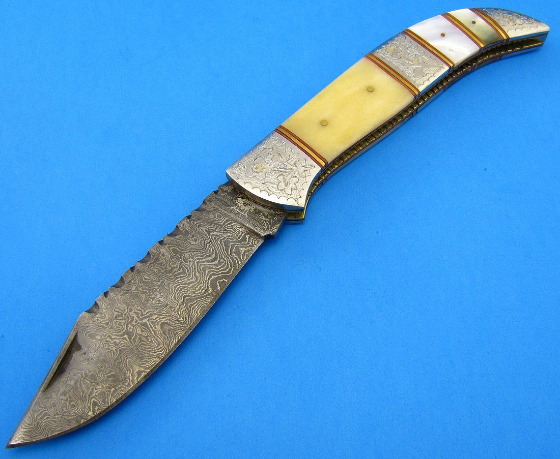 Custom Made Damascus Steel Folding Blade Jack Knife Bone Mother of