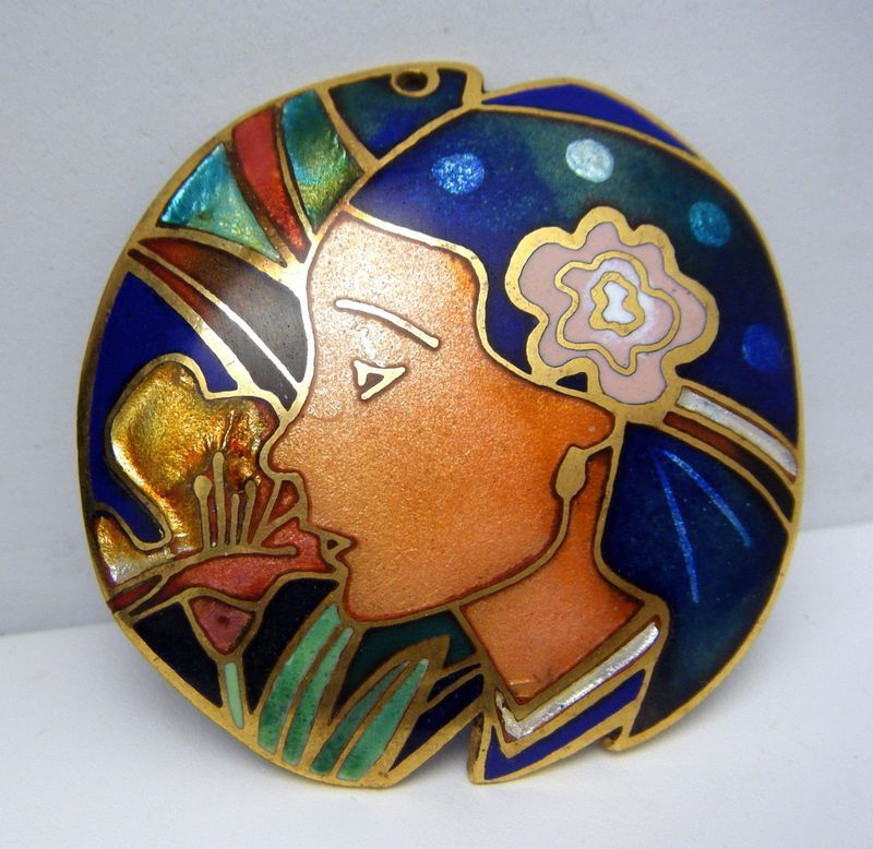 David Kuo Lady Nouveau Brooch Pendant Champleve Enamel