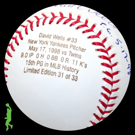 DAVID WELLS SIGNED AUTO PERFECT GAME BASEBALL BALL YANKEES COA