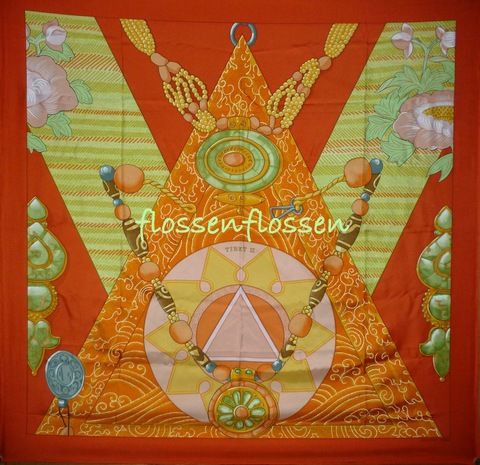 foulard Hermes Carre Tibet II Orange Vert Rose Neuf New Scarf Asie