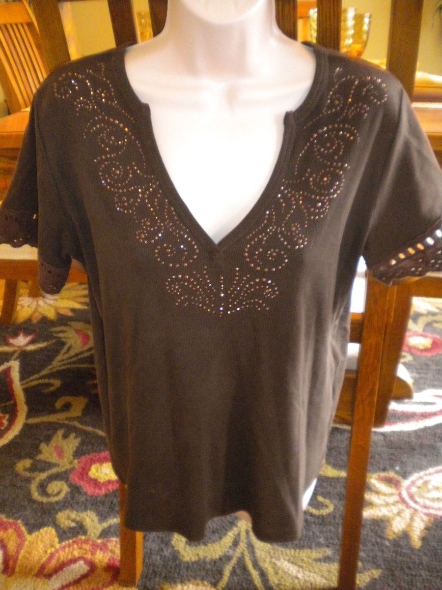 CHICOS Size 2 (SMALL/Medium) Chocolate Brown Cotton Short Sleeve T