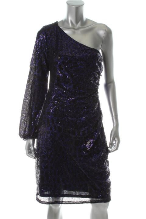 David Meister NEW Black Sequined One Shoulder Ruched Cocktail Dress 14