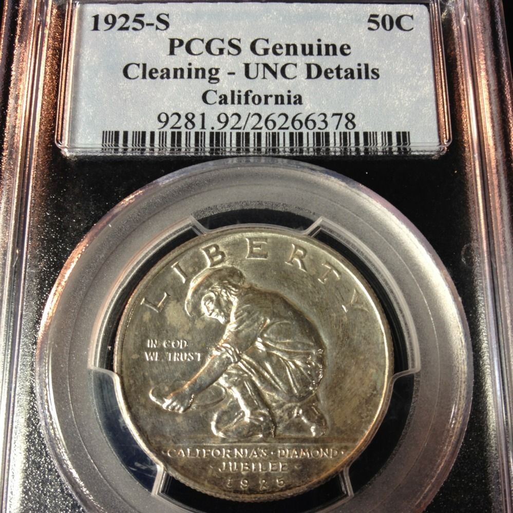 1925 S CALIFORNIA DIAMOND JUBILEE SILVER HALF DOLLAR PCGS CLEANING UNC