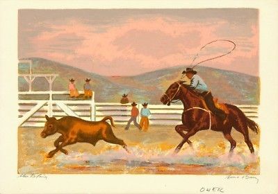 Anna Barry Signed vint 40s Orig Serigraph Steer Roping