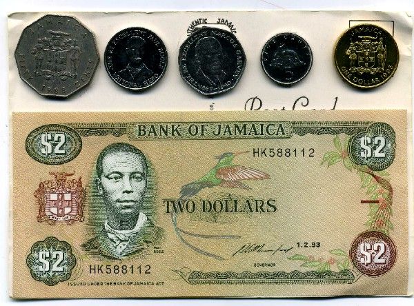 Jamaica Postcard with 5 Coins and Two Dollar Currency