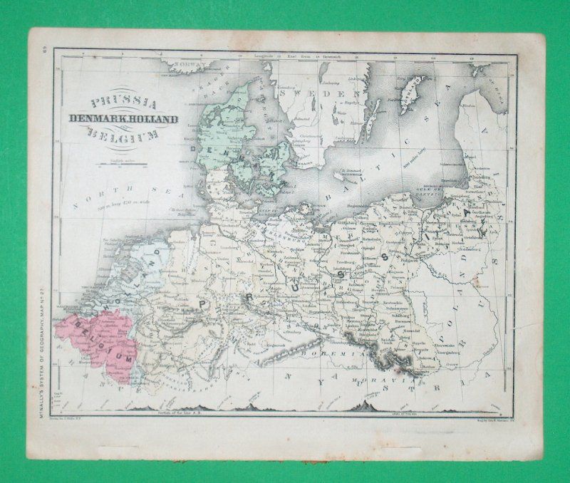 RARE 1868 Denmark Holland More Map Full Color