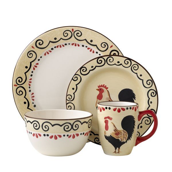 Pfaltzgraff Everyday Garden Rooster Dinnerware Set 16 PC