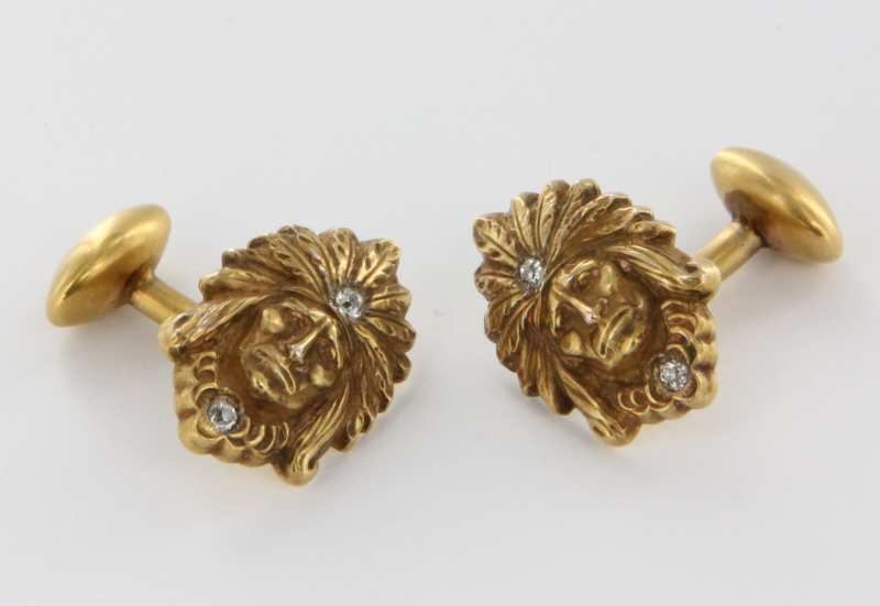  Art Deco 10k Yellow Gold Diamond Indian Chief Mens Cufflinks Pre Owned