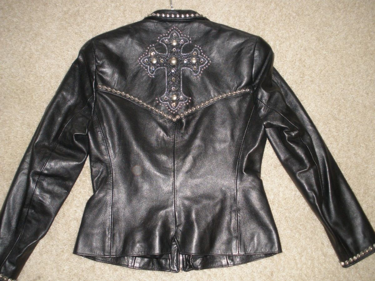 DOUBLE D RANCHWEAR WOMENS LEATHER JACKET COWGIRL BIKER STUDDED CROSS