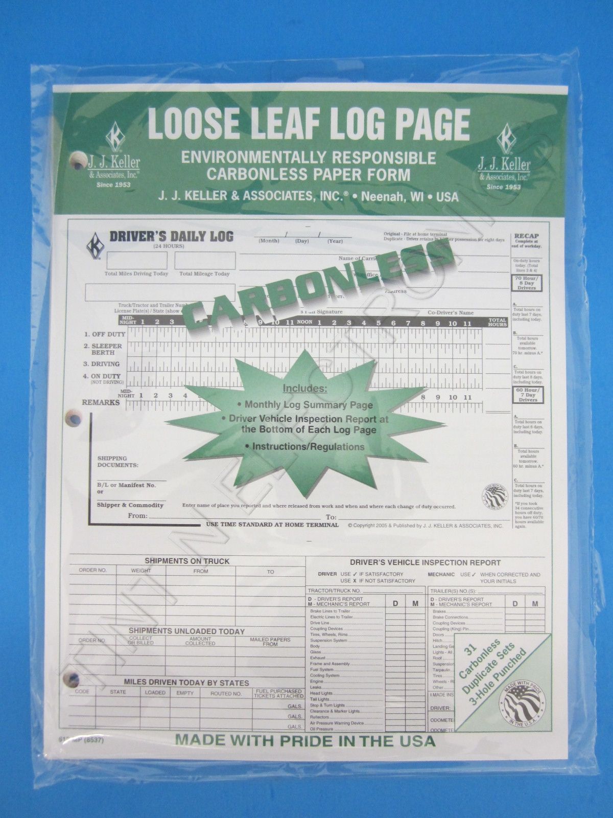  Keller Loose Leaf Five in One Drivers Daily Log 8 1 2 x 11