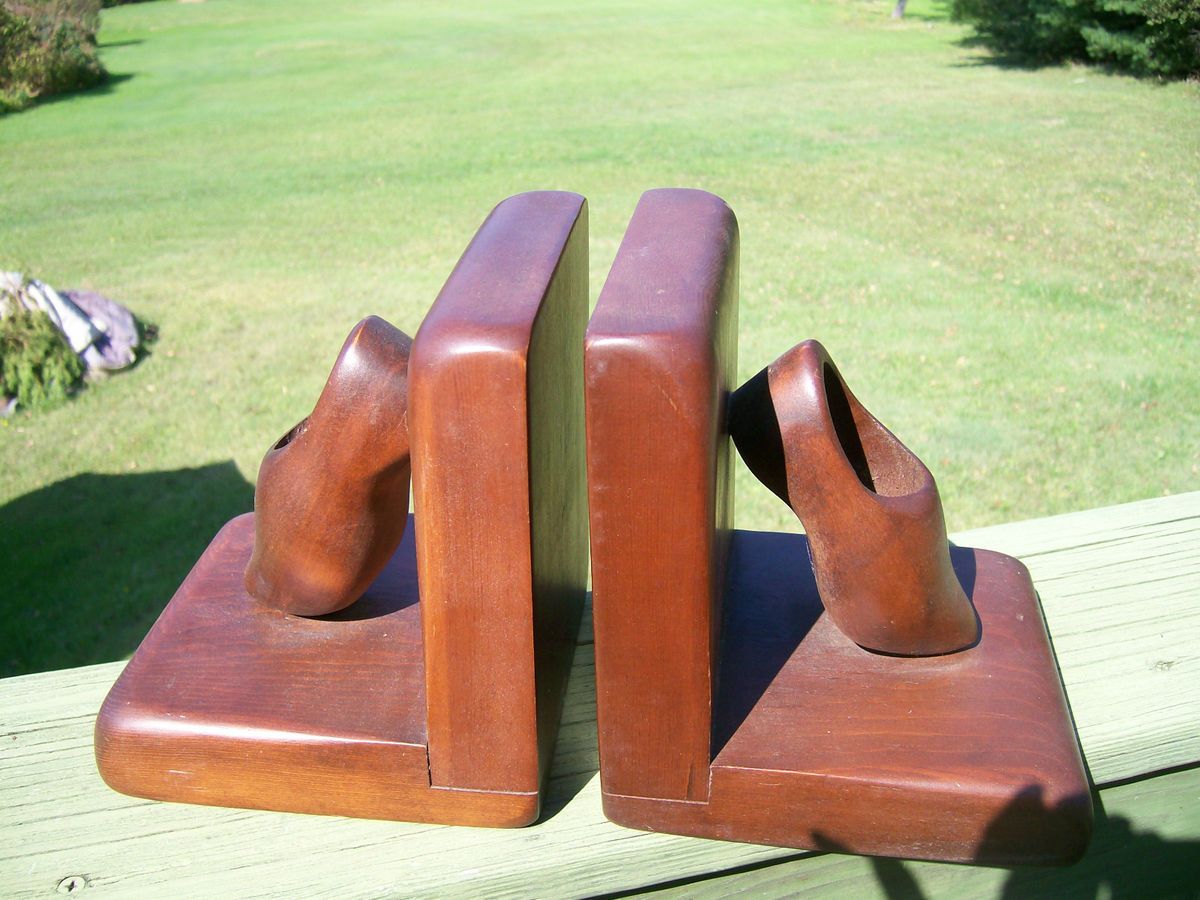 Vintage Solid Wood Wooden Dutch Shoes Clog Book Ends Library Den